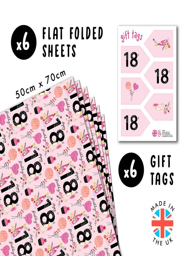 CENTRAL 23 Girls Wrapping Paper Birthday - 6 Sheets of Pink Gift Wrap - 18th Birthday Wrapping Paper for Women Her Friends - For Daughter - Age 18 - Comes with Fun Stickers - Image 2